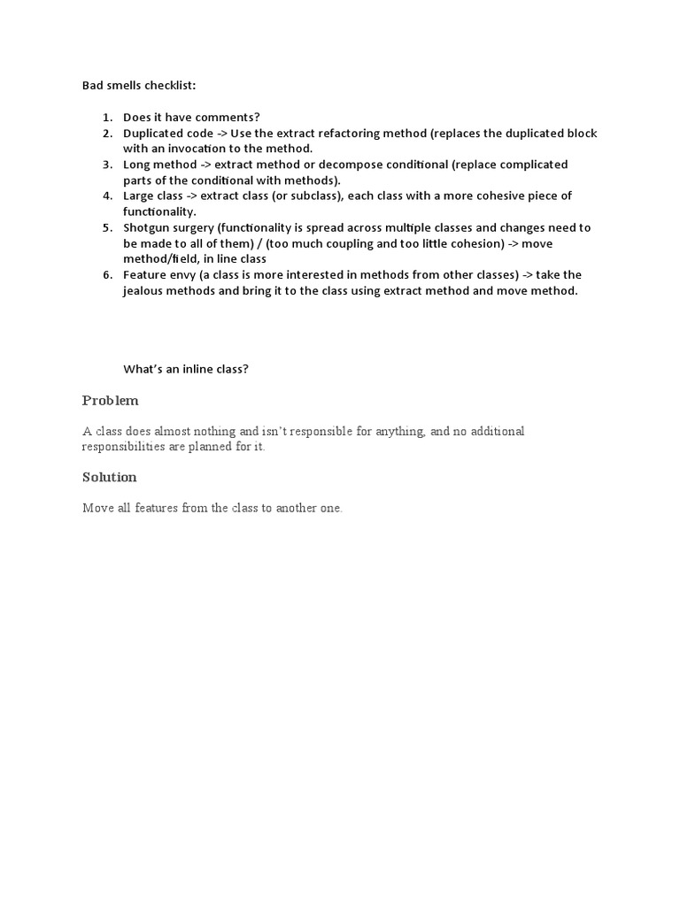 Code Smells Refactoring Checklist | PDF