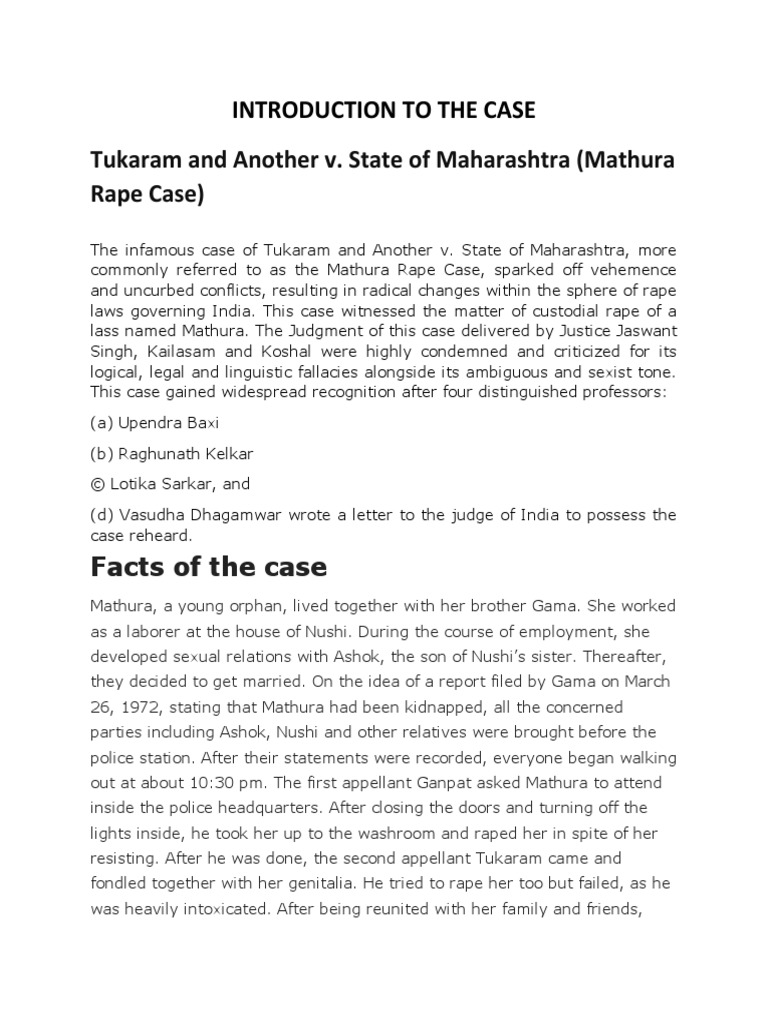 Tukaram and Another v. State of Maharashtra (Mathura Rape Case ...