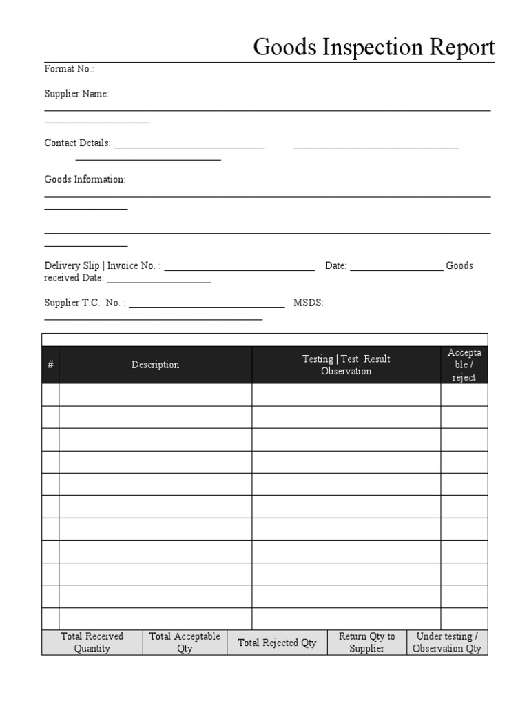 Goods Inspection Report: # Description Testing - Test Result ...