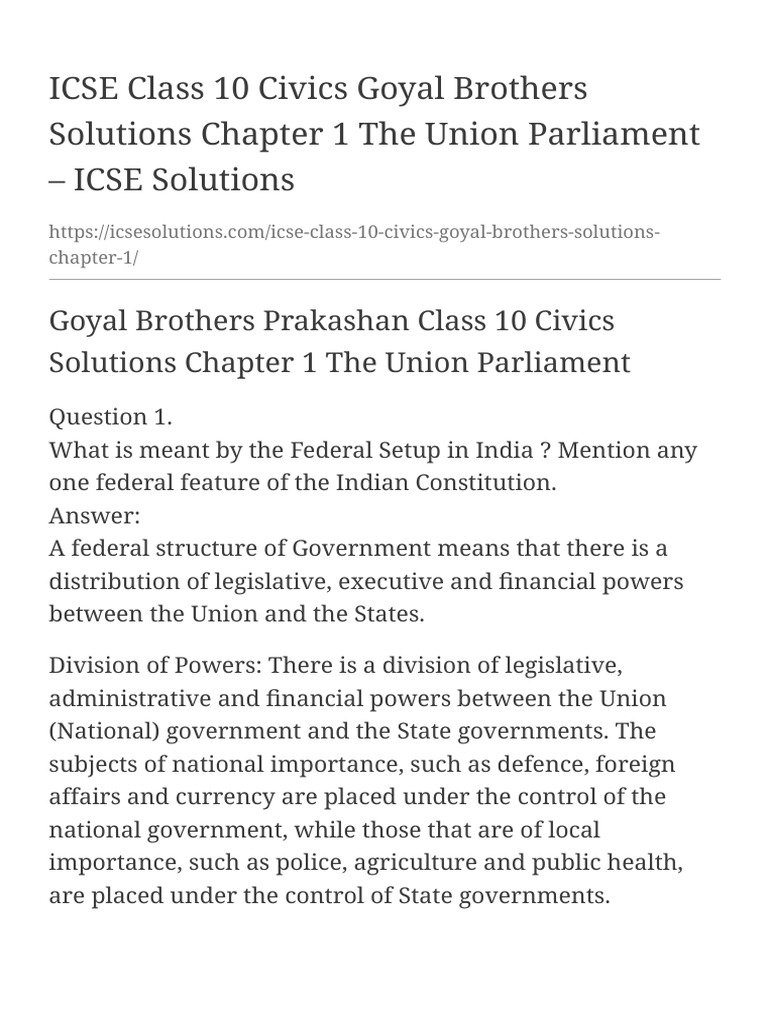 ICSE Class 10 Civics Goyal Brothers Solutions Chapter 1 The Union