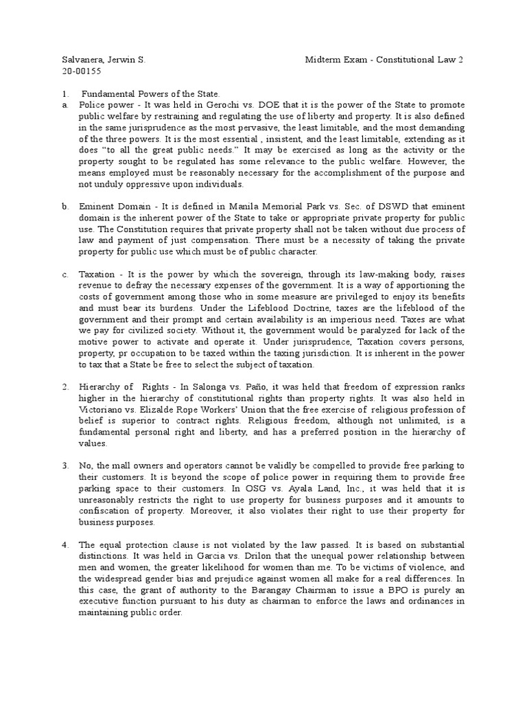 Constitutional Law 2 Midterm Exam Insights | PDF | Police Power (United ...