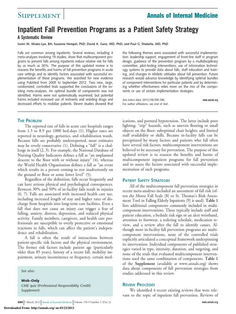 Supplement Inpatient Fall Prevention Programs As A Patient Safety
