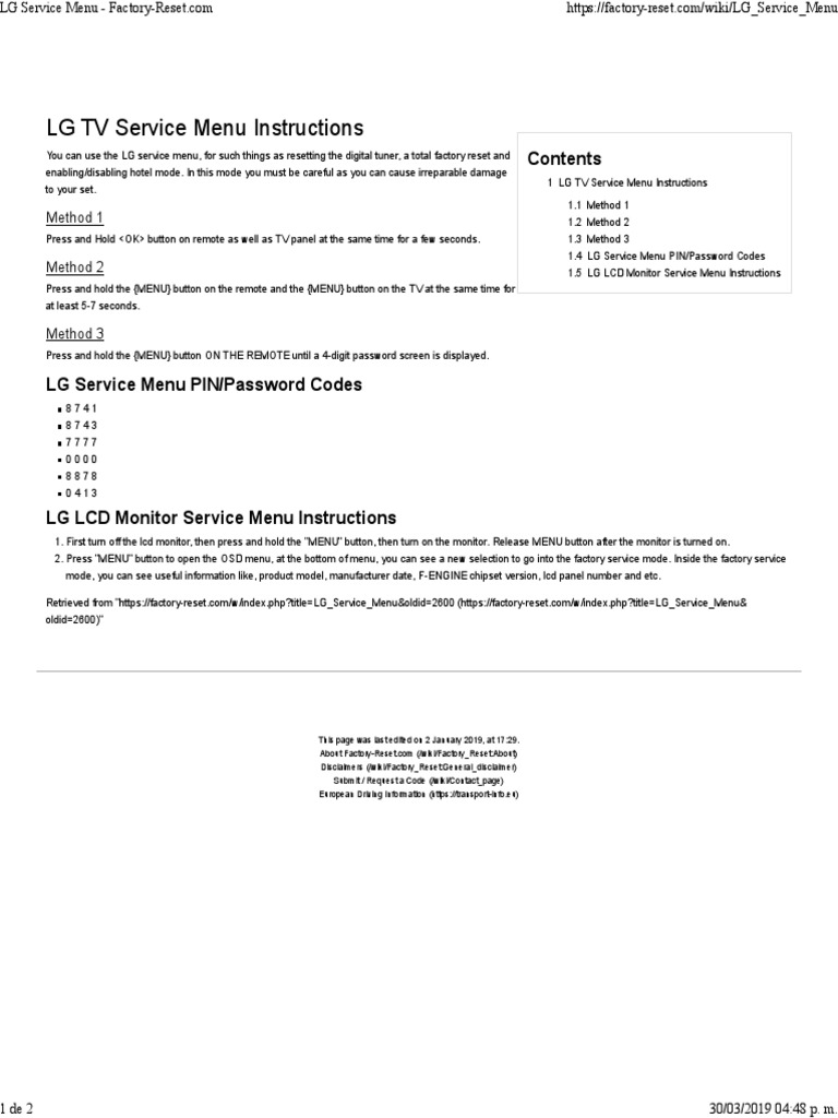 LG Service Menu FactoryReset PDF Computer Monitor Liquid