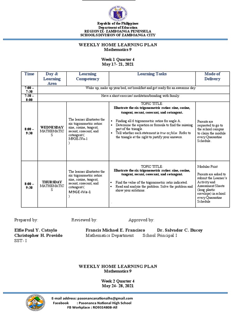 Weekly Learning Plan: Math 9 | PDF | Trigonometric Functions | Trigonometry