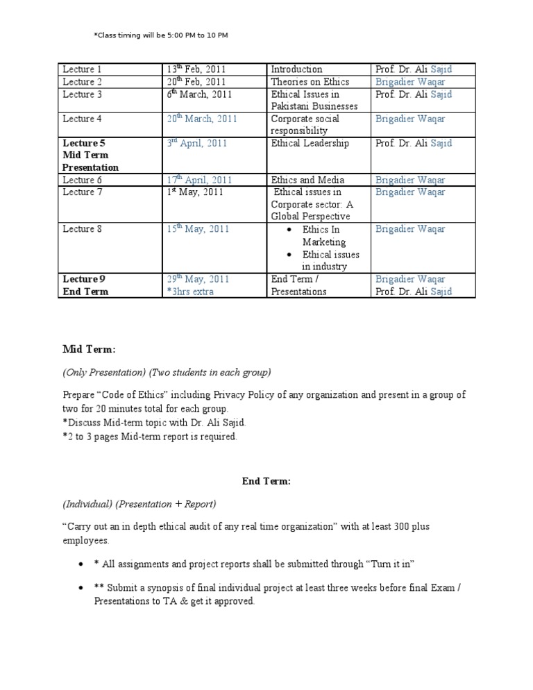 Ethics Course Schedule and Assignments | PDF