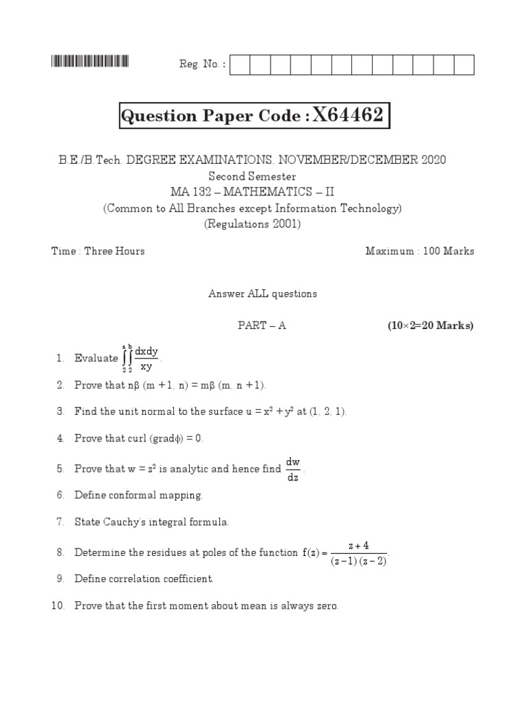 Mathematics II Question Paper 2020 | PDF | Integral | Mean