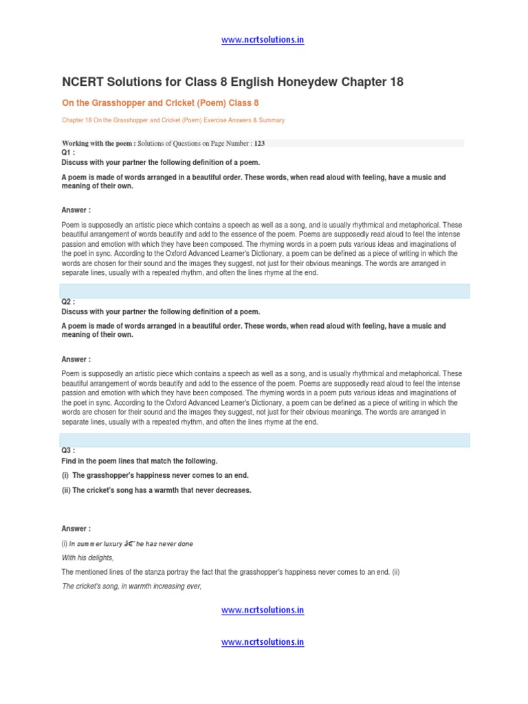 NCERT Solutions For Class 8 English Honeydew Chapter 18 | PDF | Poetry