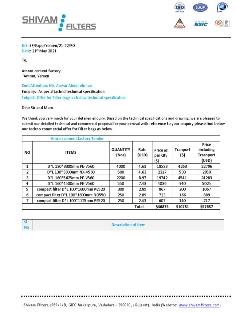 SF Offer Filter Bag - Yemen - R0 | PDF | Polyester | Nonwoven Fabric