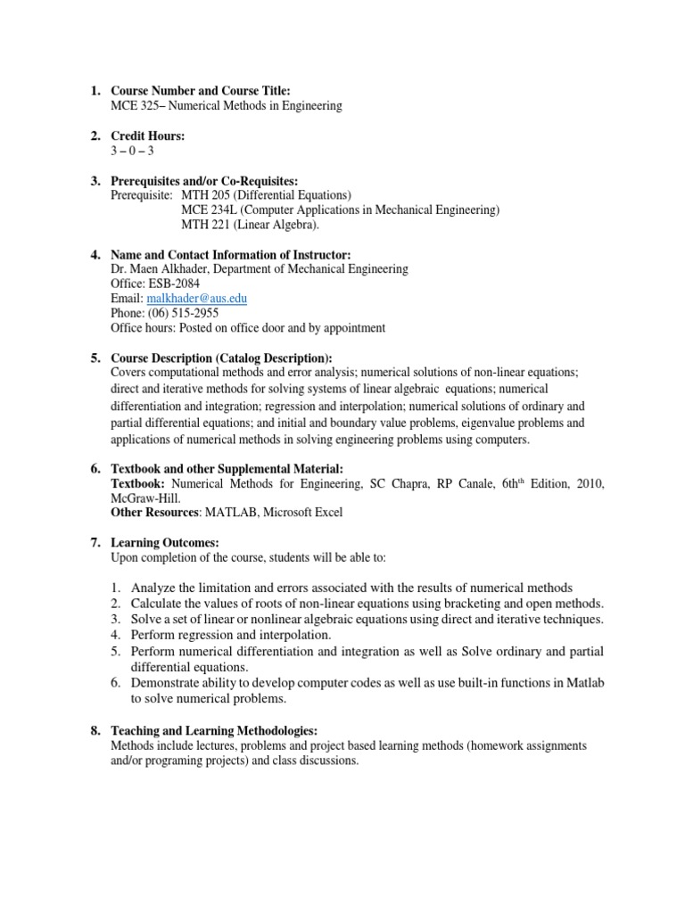 MCE 325 Syllabus | PDF | Numerical Analysis | Nonlinear System