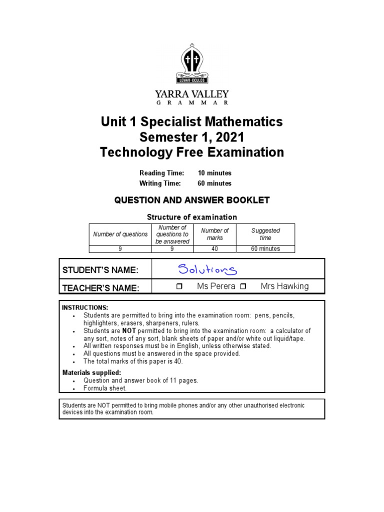 Specialist Mathematics Exam 2021 | PDF | Cartesian Coordinate System | Sine