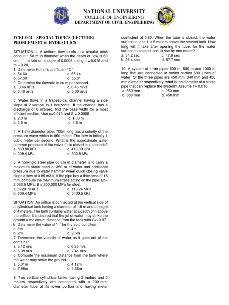 Hydraulics Problem Set and Solutions | PDF | Pascal (Unit) | Pressure