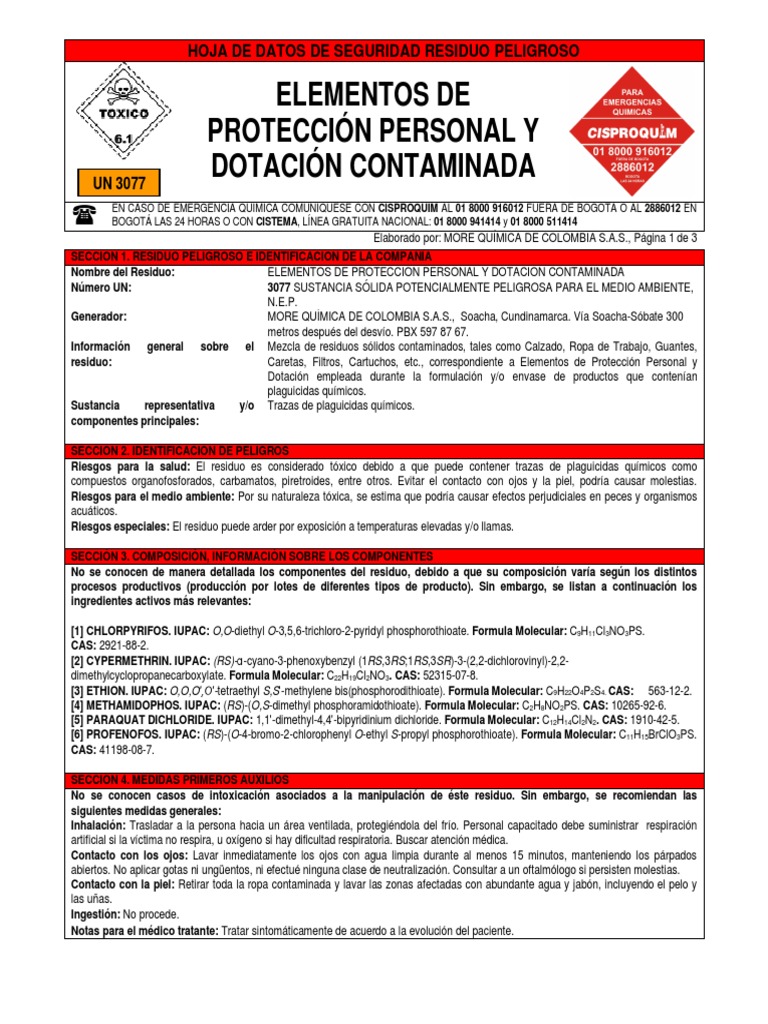 Hoja de Seguridad Residuo Peligroso - Epp y Dotación Contaminada | PDF
