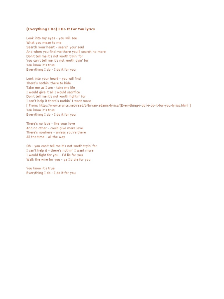 (Everything I Do) I Do It For You Lyrics | PDF | Poetry