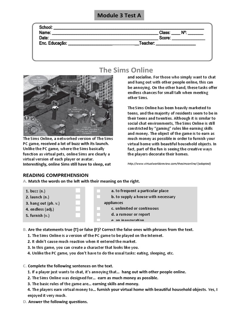 The Sims Online: Module 3 Test A | PDF | Sentence (Linguistics ...