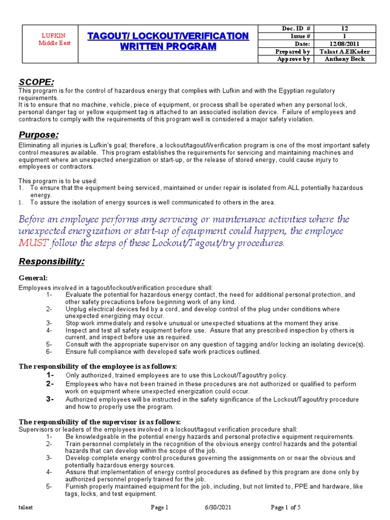 Lockout/Tagout/Verification Program for Ensuring Safety During