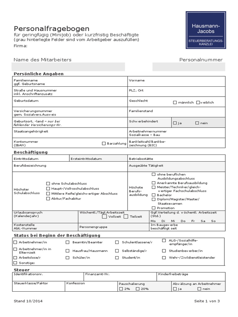Personalfragebogen minijob pdf