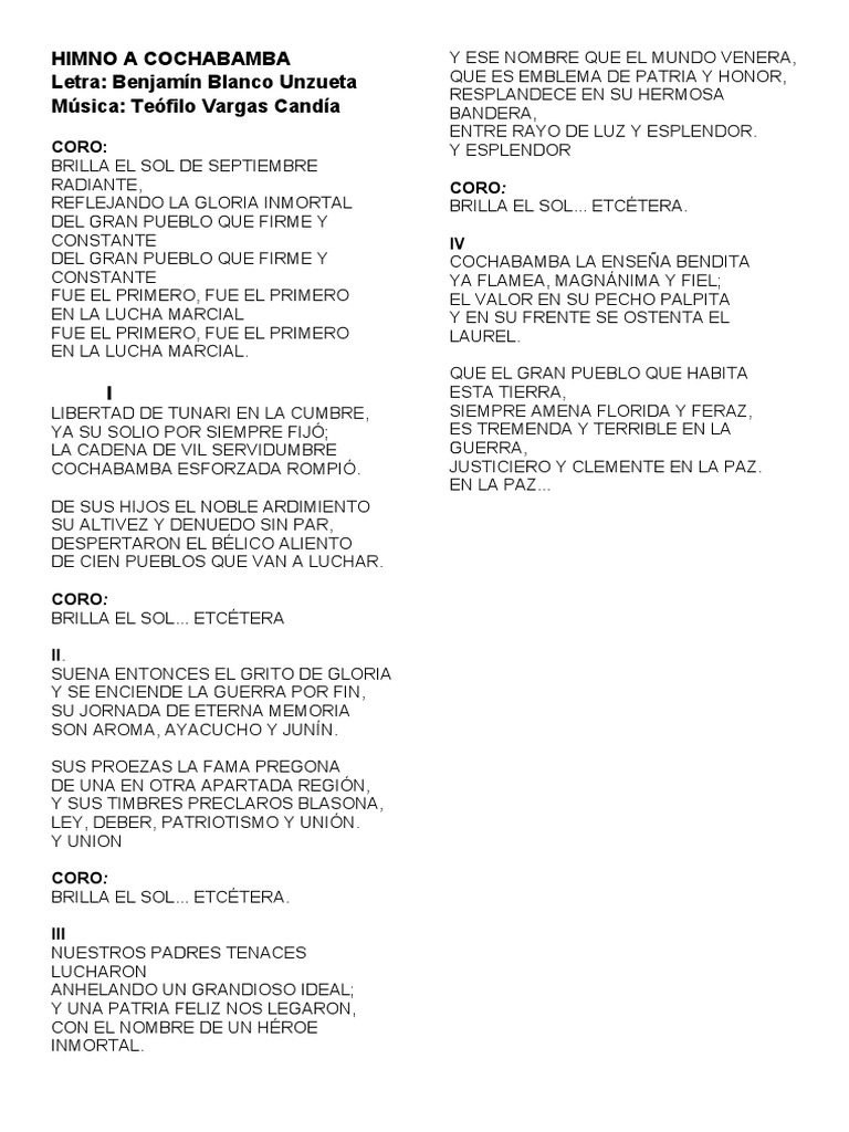 Himno A Cochabamba Completo 2021 Pdf Amor Religión Y Creencia