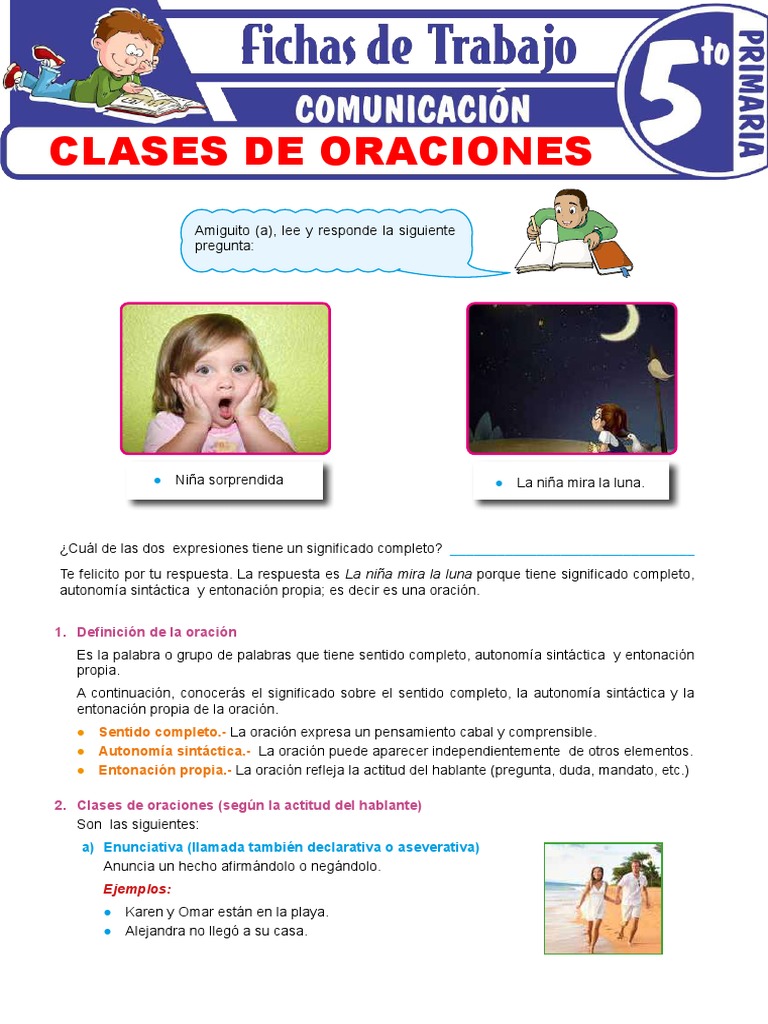 Clases de Oraciones para Quinto Grado de Primaria PDF Oración