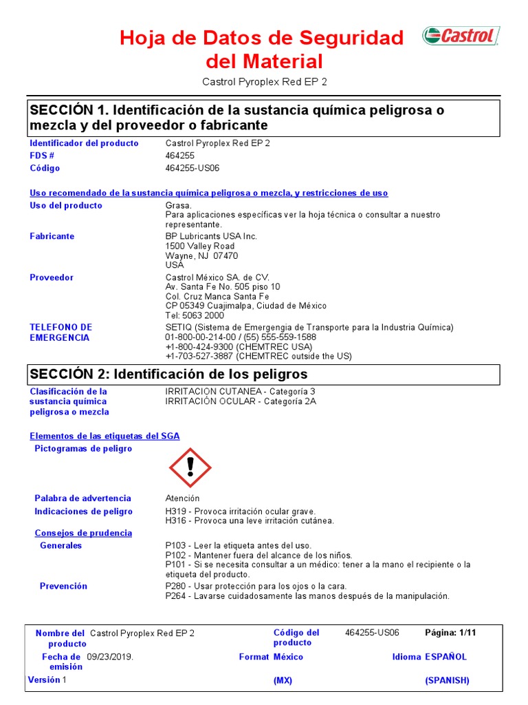 Hoja de Seguridad Castrol Pyroplex Red EP 2 | PDF | Residuos ...