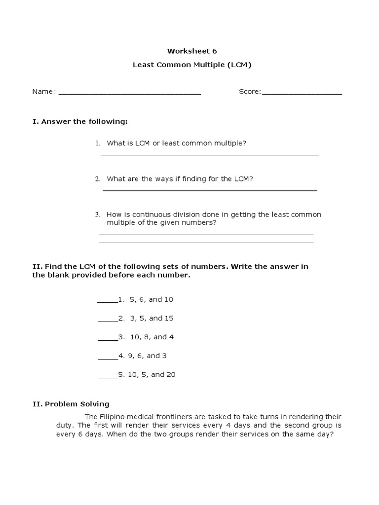 Worksheet 6 LCM | PDF