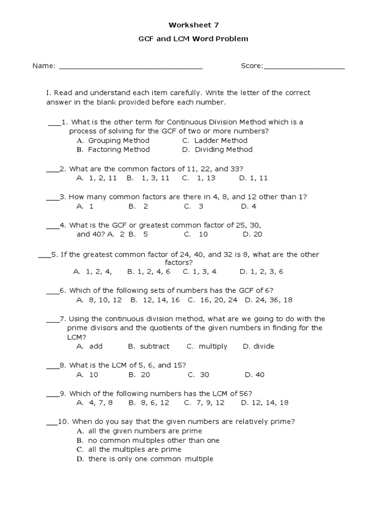 Worksheet 7 - GCF and LCM Word Problem | PDF | Numbers | Teaching ...