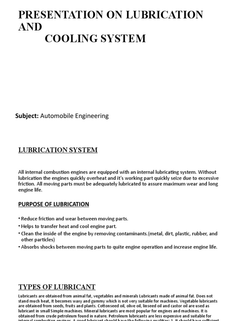Lubrication and Cooling System PDF Internal Combustion Engine Piston