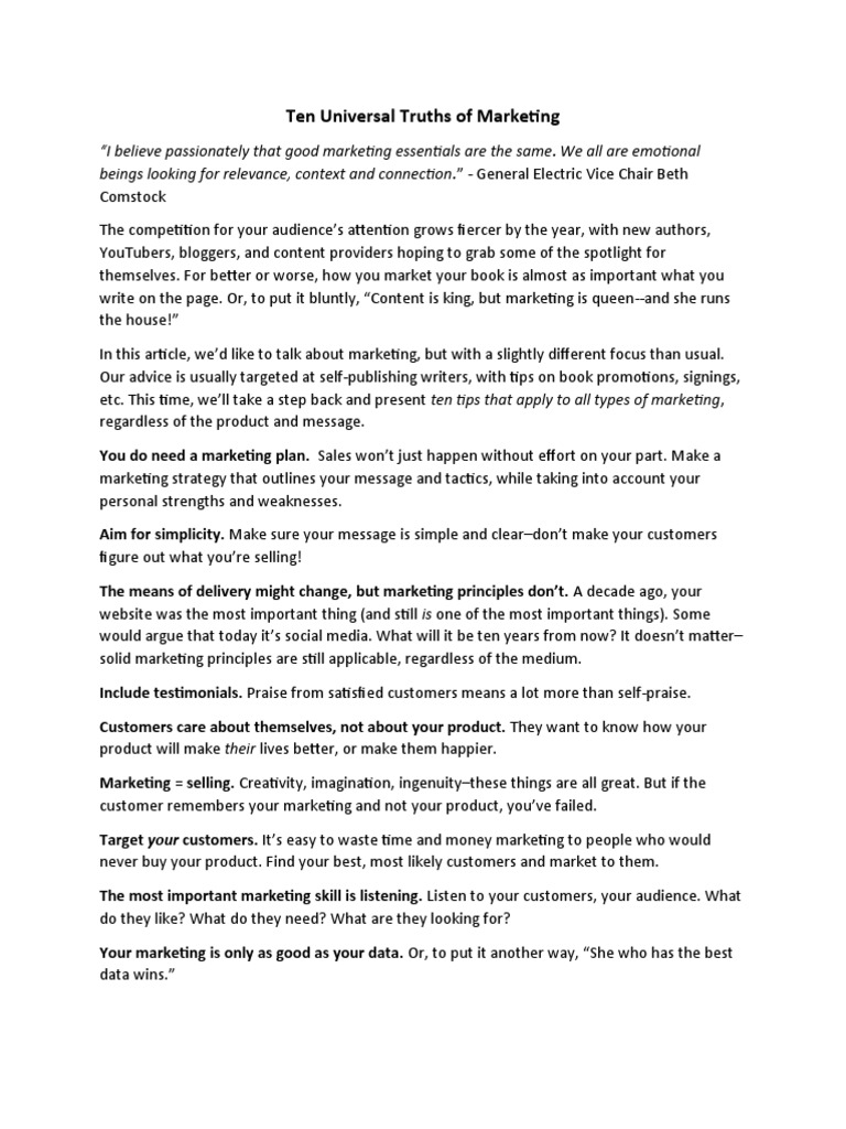 Ten Universal Truths of Marketing PDF Marketing Microeconomics