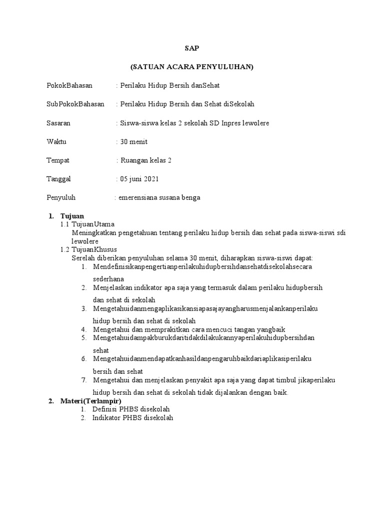 Satuan Acara Penyuluhan Phbs Di Sekolah Pdf
