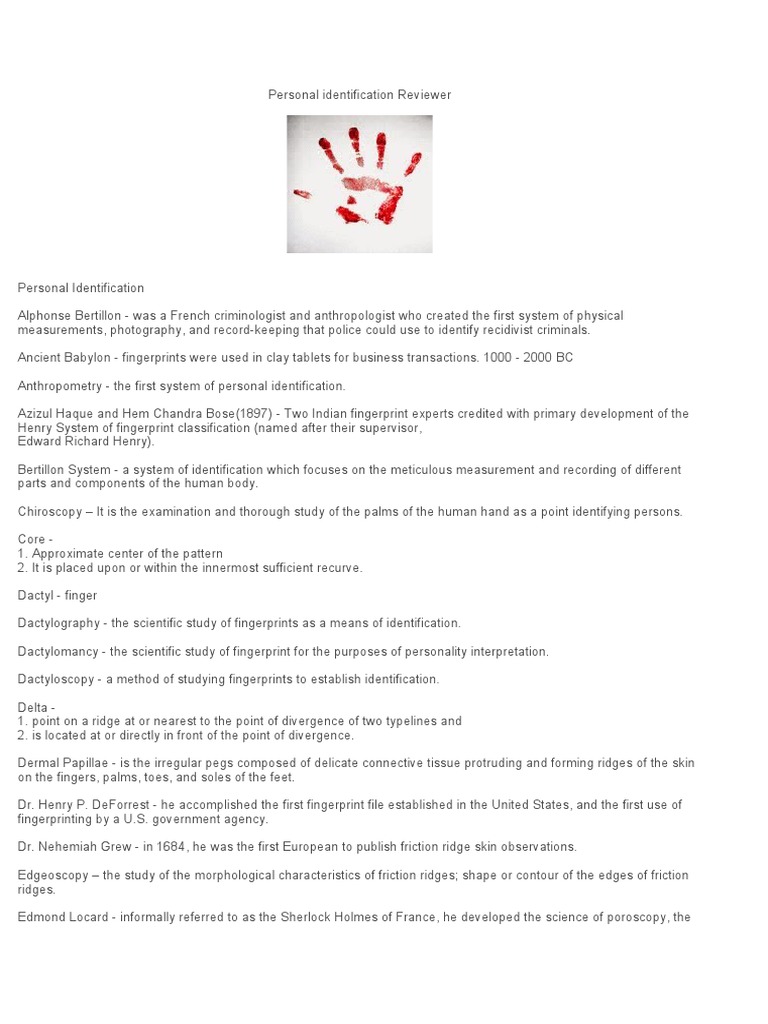 Personal Identification Reviewer: Key Terms | PDF | Fingerprint | Police