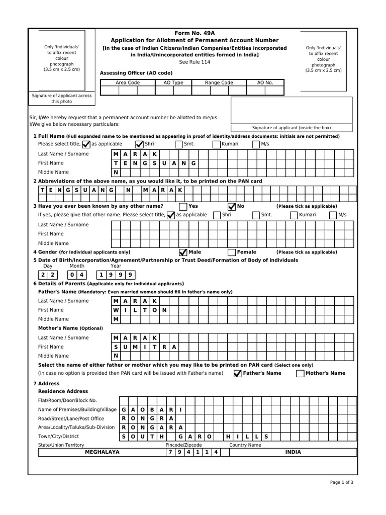 Form No. 49A Application For Allotment of Permanent Account Number ...