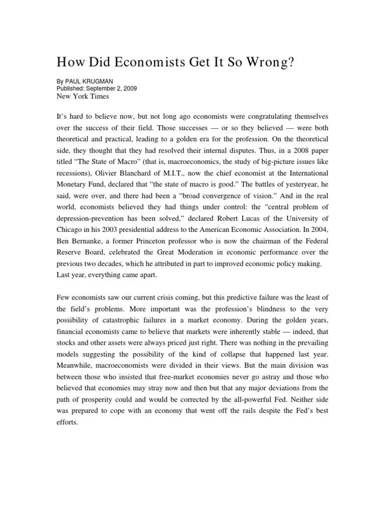 How Did Economists Get It So Wrong By Paul Krugman Published