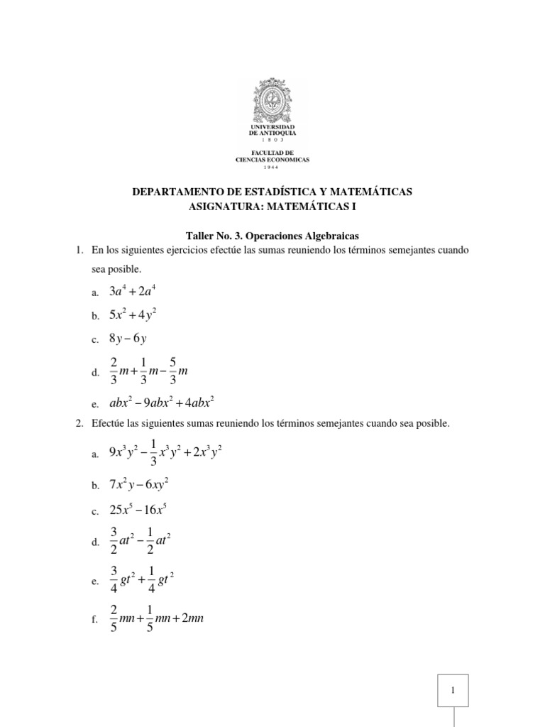 Taller de Expresiones Algebraicas | PDF