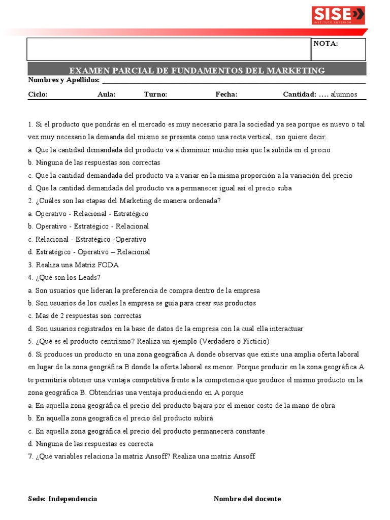 Examen Parcial de Marketing Fundamental | PDF | Producto (Negocio ...