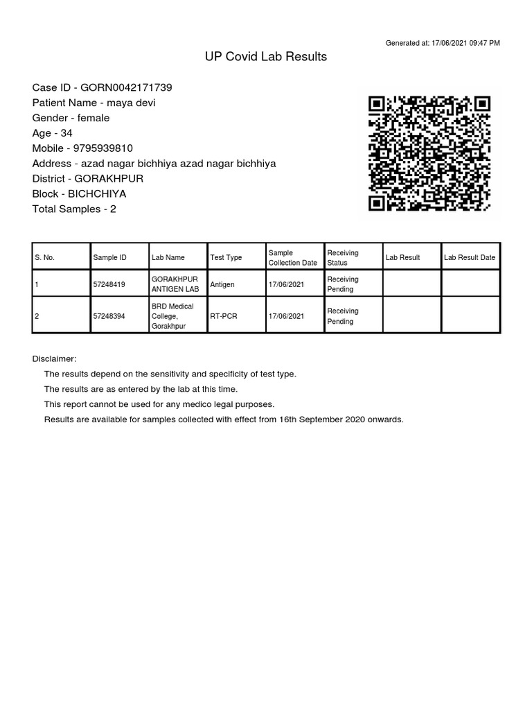 UP Covid Lab Results for Maya Devi | PDF
