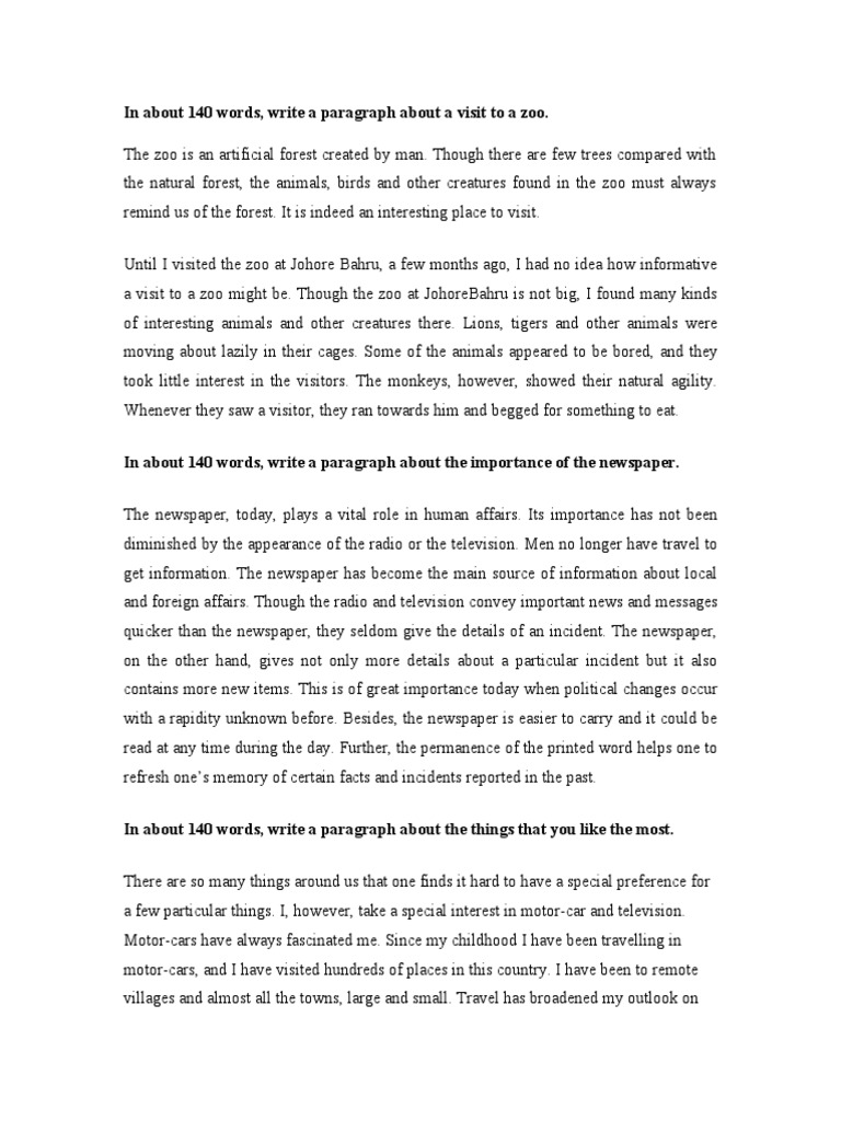 In About 140 Words Write A Paragraph About A Visit To A Zoo Pdf