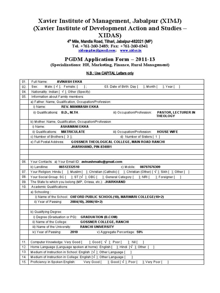 PGDM Application Form for XIDAS 2011-13 | PDF