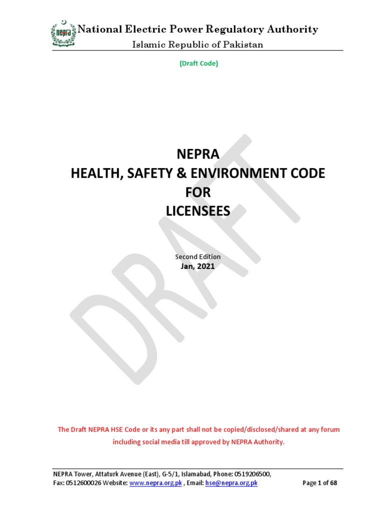 Draft Nepra Hse Code 2021 PDF Occupational Safety And Health