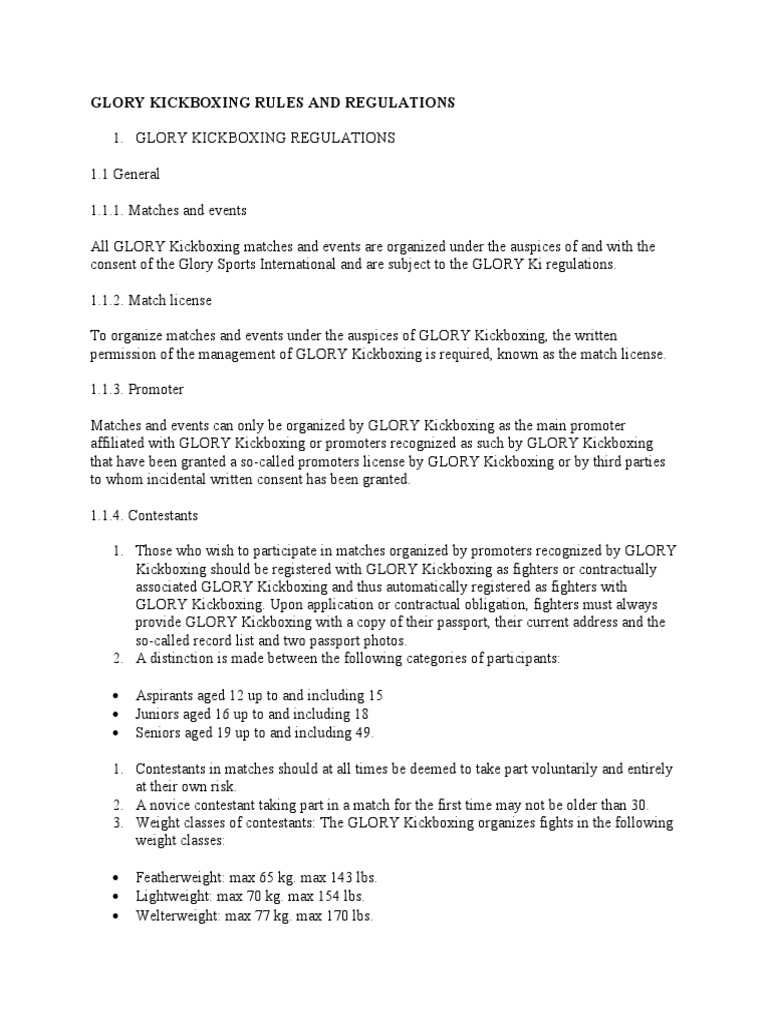Glory Kickboxing Rules Set