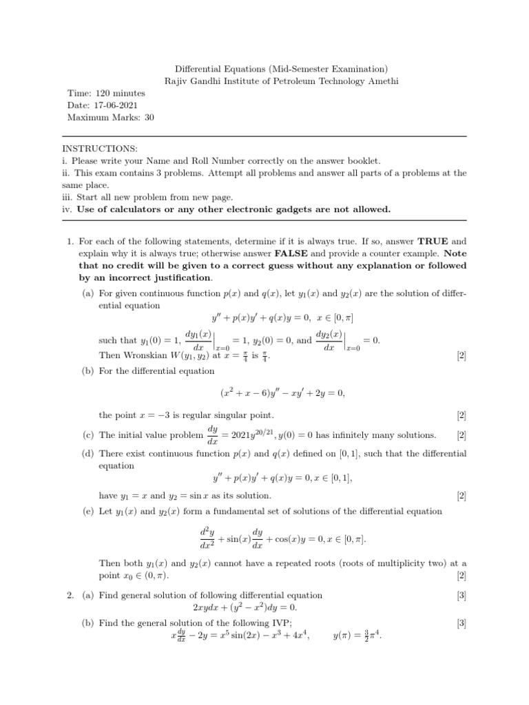 MidSem2021 - Differential Equations | PDF | Differential Calculus ...