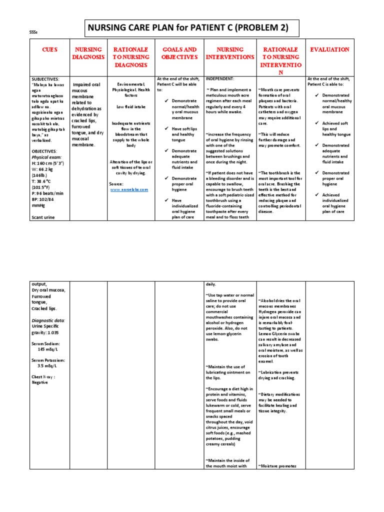 Nursing Care Plan For Patient C (Problem 2) | PDF | Oral Hygiene ...