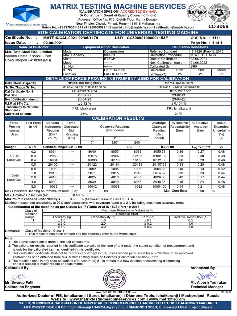 11111179 Tata Steel BSL Limited ETM20001153 PDF Calibration