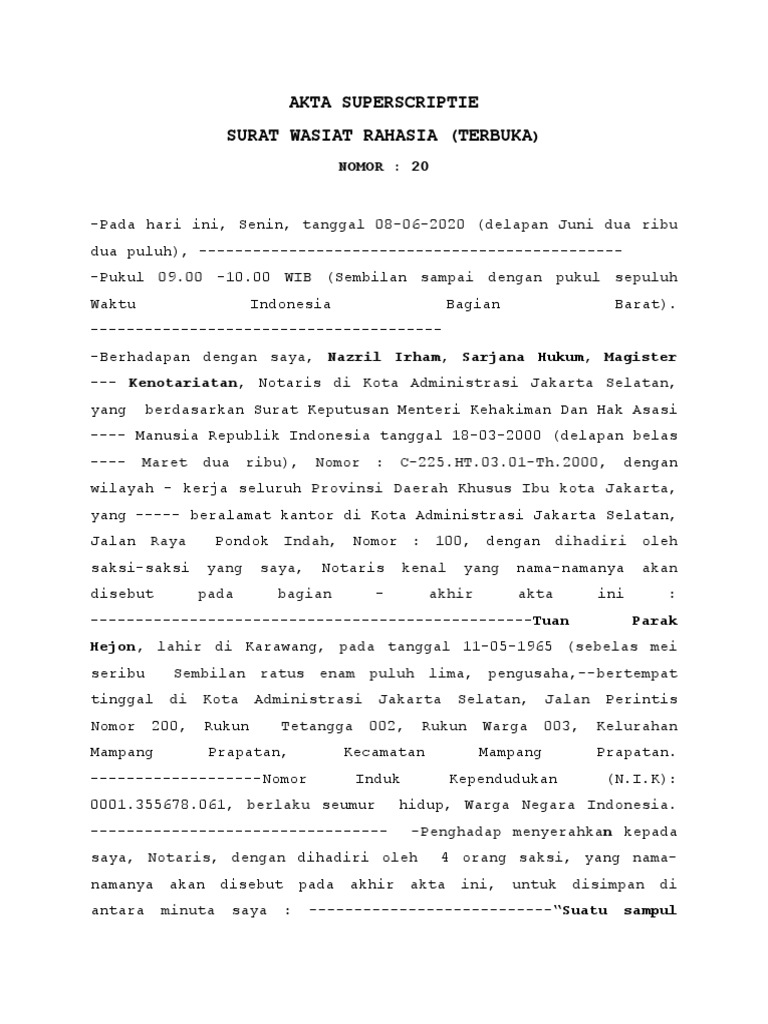 Surat Wasiat SUPERSRIPTIE Terbuka | PDF