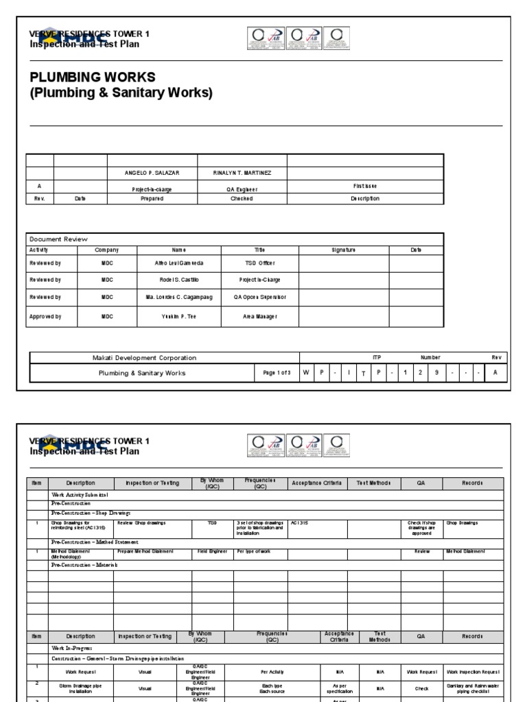 Plumbing Inspection and Test Plan | PDF | Pipe (Fluid Conveyance ...