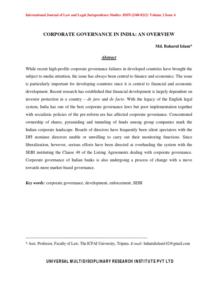 Overview of Corporate Governance in India | PDF | Corporate Governance ...