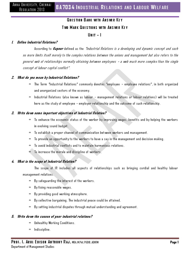 Irlw Question Bank PDF Occupational Safety And Health Industrial