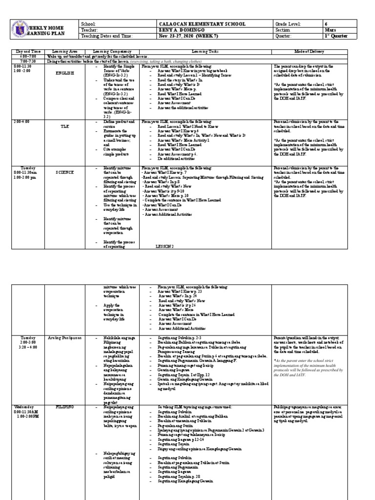 School grade level teacher section teaching dates and time quarter