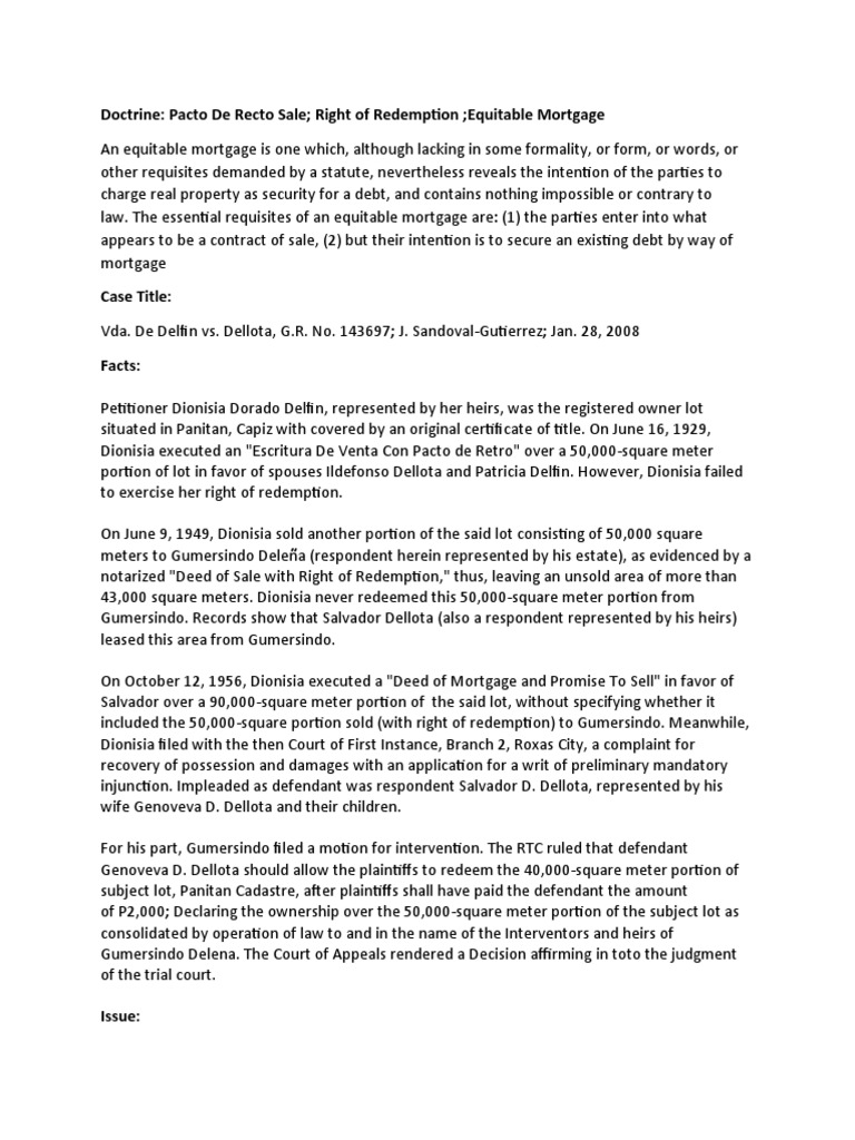Doctrine Pacto de Recto Sale Right of Redemption Equitable Mortgage
