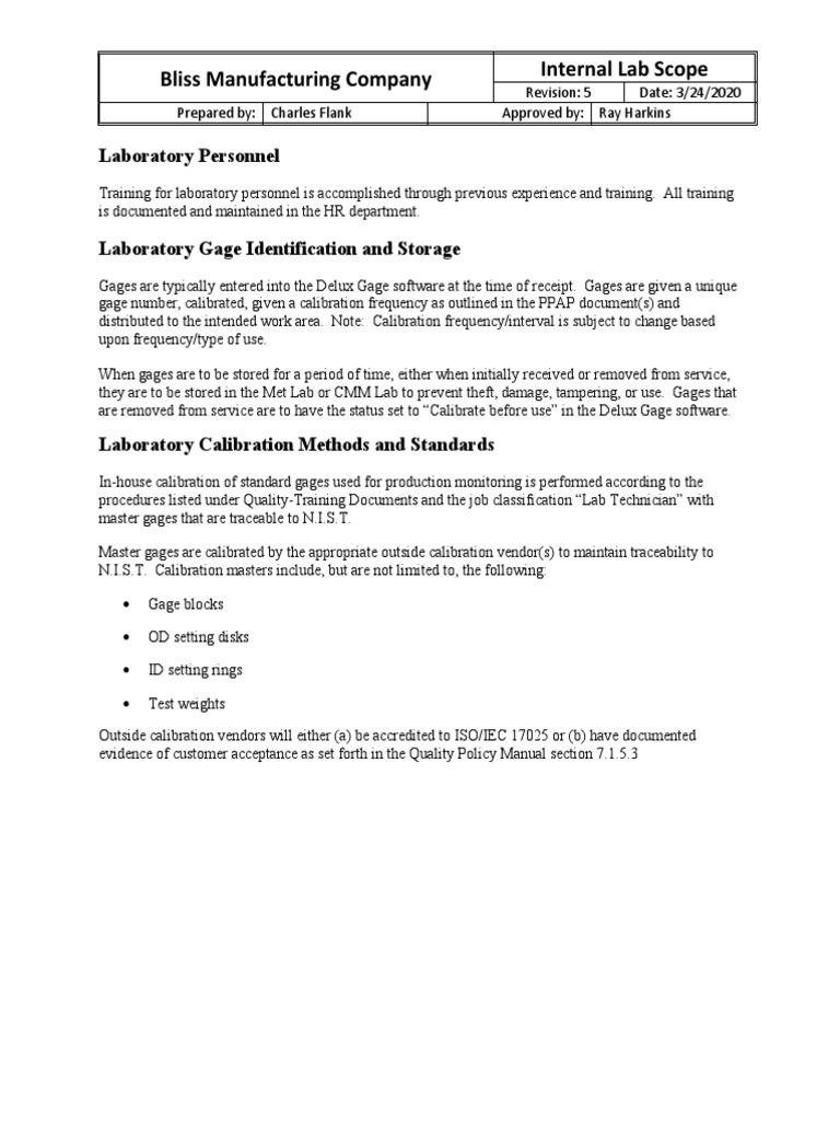 Bliss Manufacturing Company Internal Lab Scope Laboratory Personnel