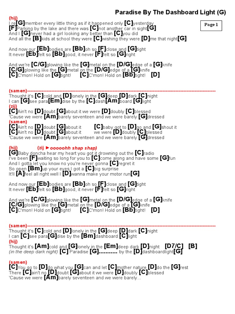 Paradise by The Dashboard Light (Chords in G) PDF