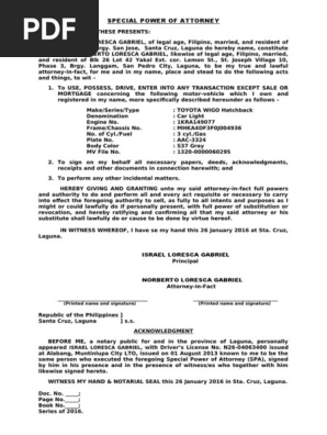 SPECIAL POWER OF ATTORNEY TO USE VEHICLE